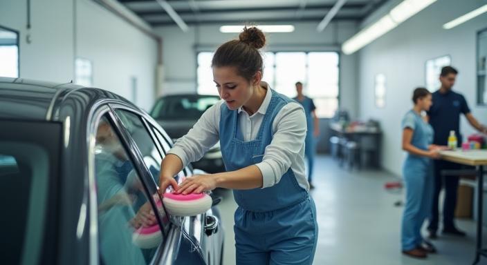 SparkleShine staff polishing a car in the Manchester facility