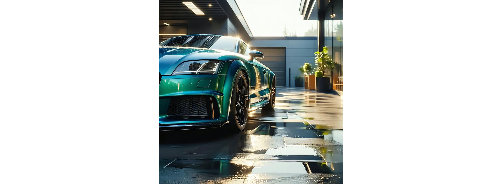 A gleaming car reflecting sunlight outside SparkleShine's Manchester garage